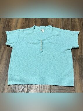 LL Bean Womens Pale Turquoise Mid-weight Slub Sweater Henley Short Sleeve L